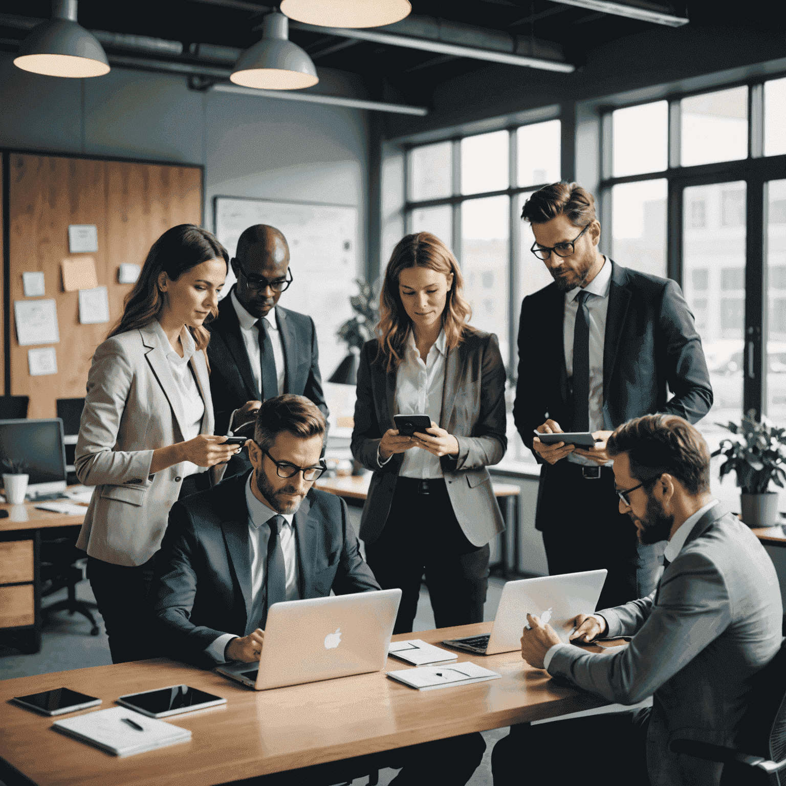 Businesspeople in an office collaborating using digital devices and technology