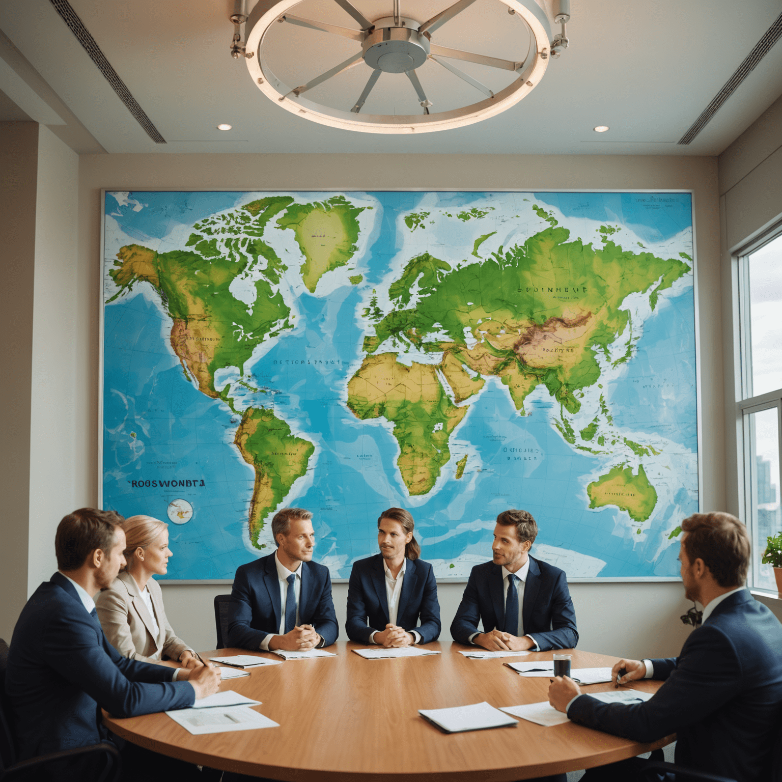 A group of business professionals discussing sustainable strategies around a conference table, with a large world map in the background