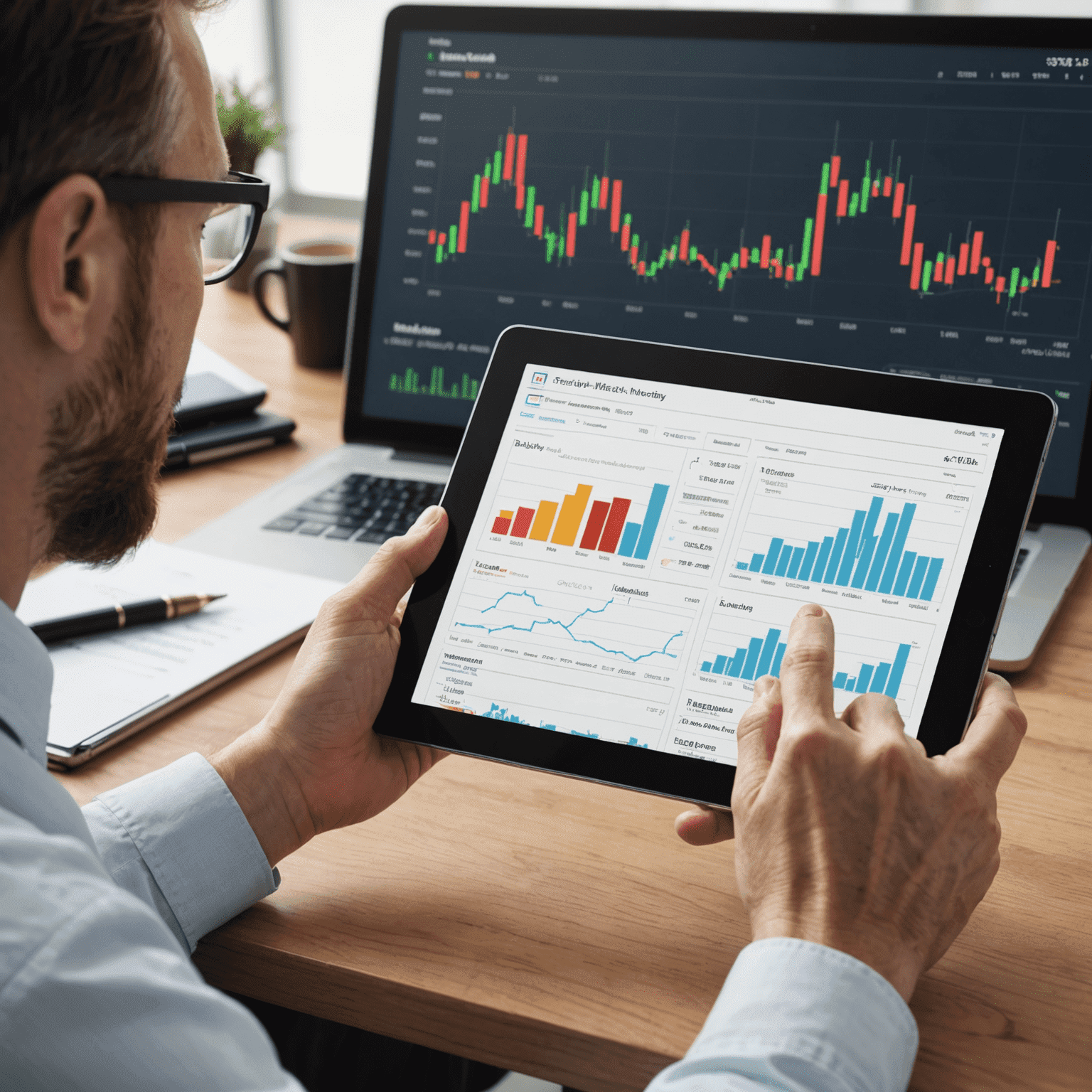 A person analyzing stock market data on a tablet