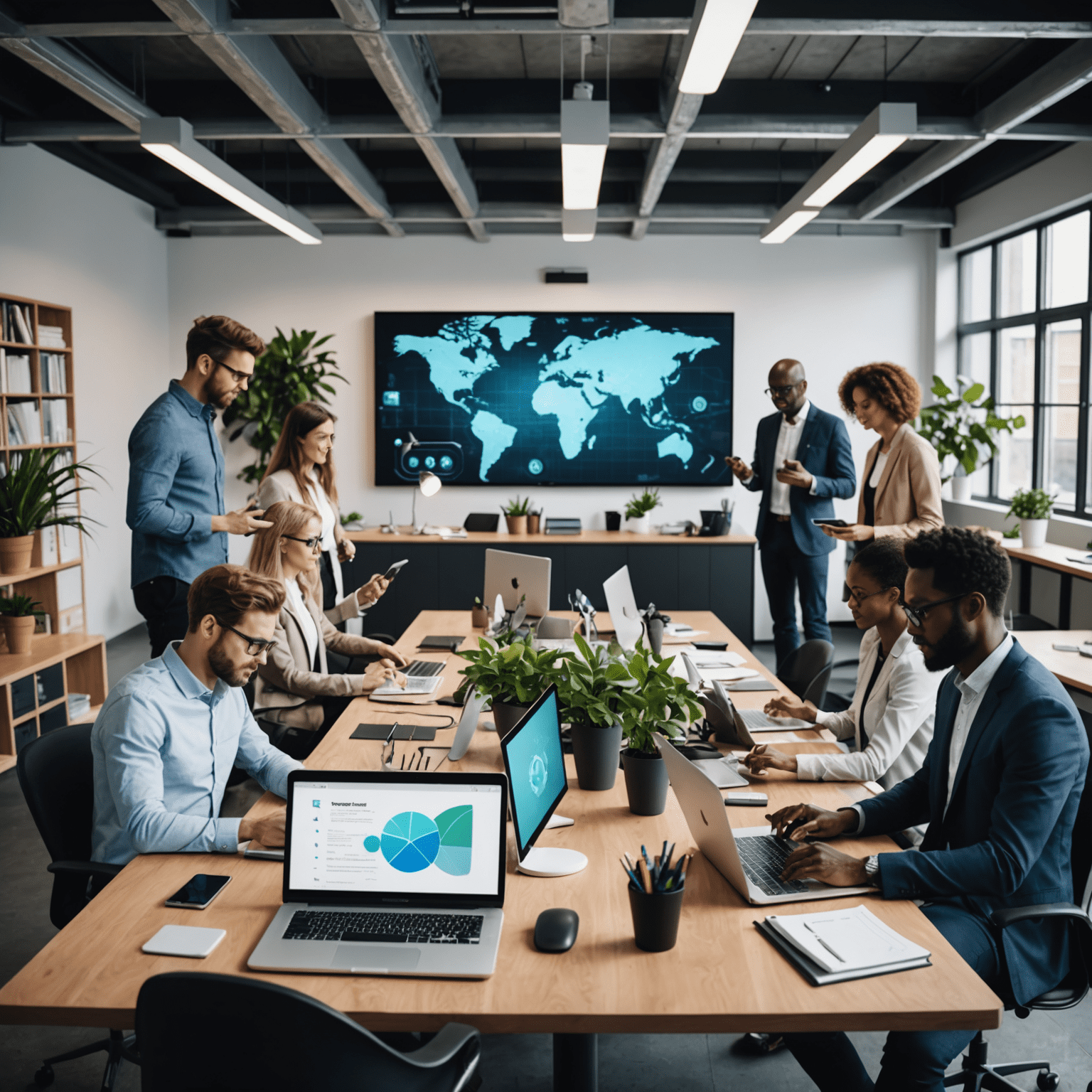 A visual representation of digital transformation in the workplace, showing people working collaboratively using various technologies.