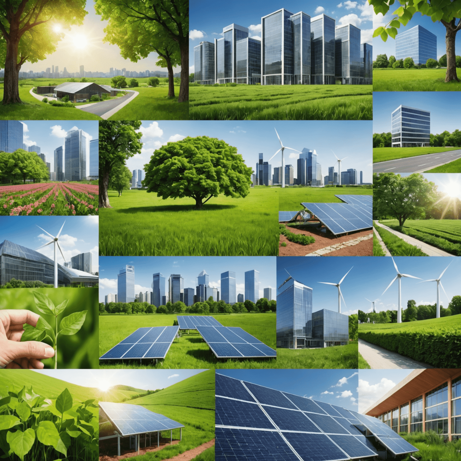 A collage of images representing sustainable business practices, such as renewable energy, green buildings, and eco-friendly products.